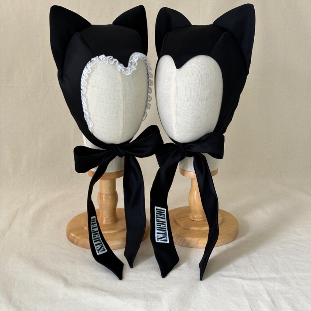Black Cat Ear Bonnet with Lace Trim